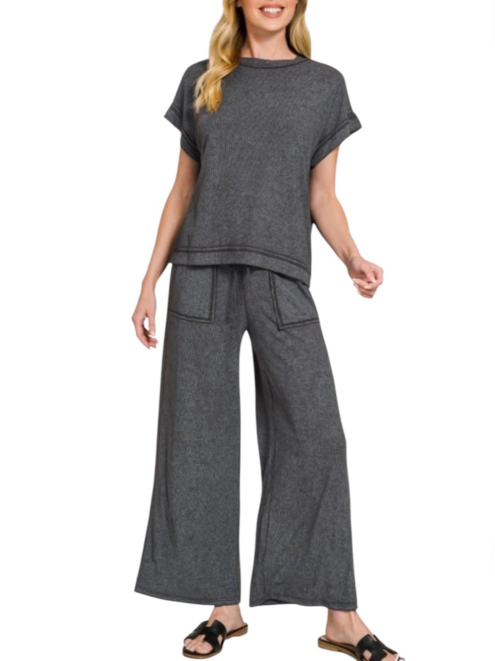381. Women’s Black Mineral-Wash Two-Piece Ribbed Set NEW